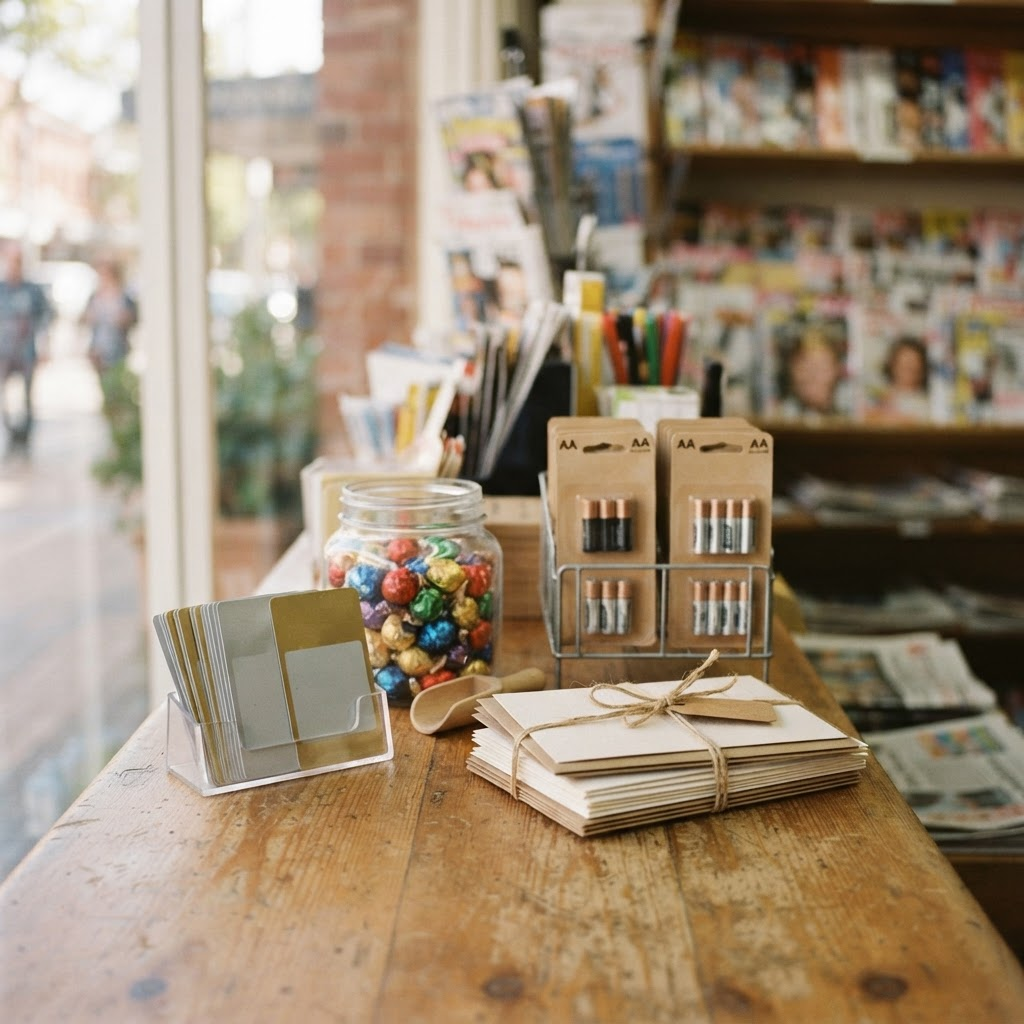 Shop counter display with scratch cards, chocolates, greeting cards and batteries