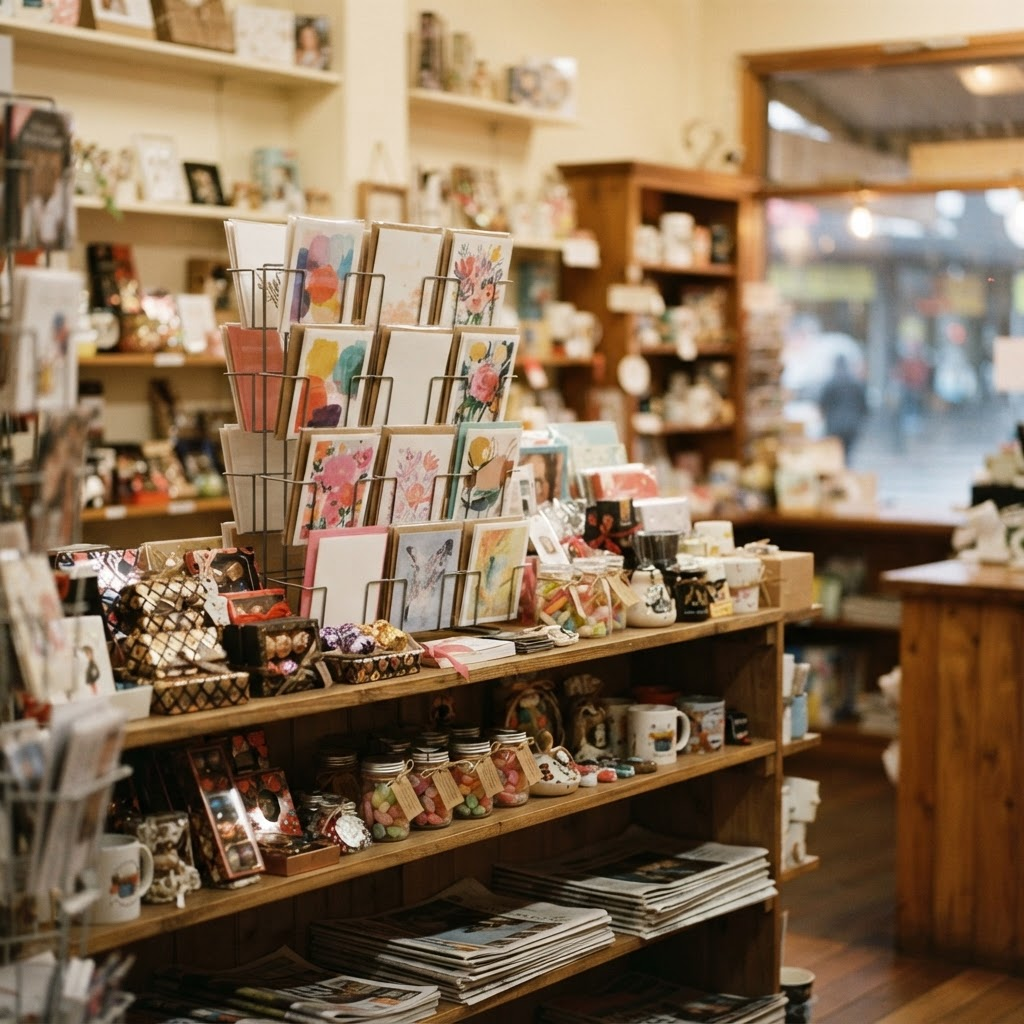 Colorful shelves of greeting cards, gifts, chocolates and newspapers inside a local newsagency