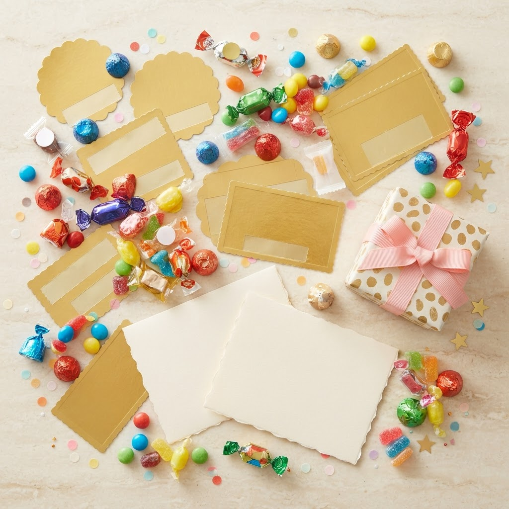 Flat lay of scratch cards, wrapped chocolates, sweets and a small gift box
